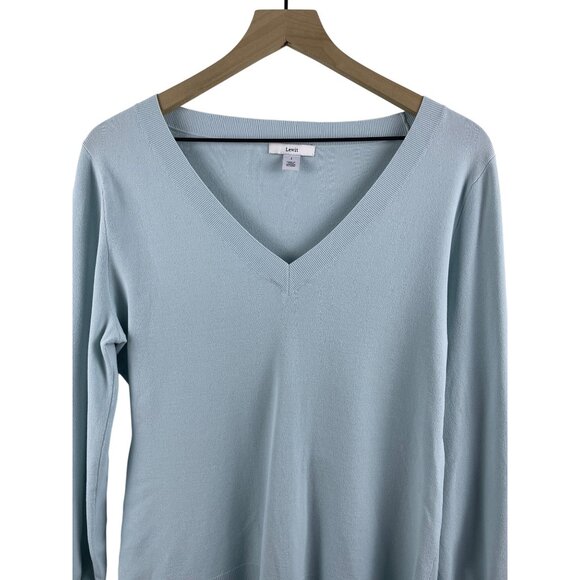 Lewit Women's Size Large Stretch Knit Balloon Bishop Sleeve V Neck Sweater Blue - Picture 3 of 10